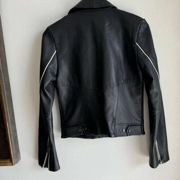 Joe’s Collection Moto Black Leather Jacket Red White Piping Size S - Picture 5 of 14